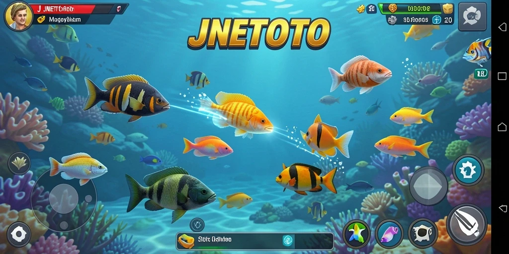 Tampilan gameplay seru JNETOTO dengan aksi menembak ikan.