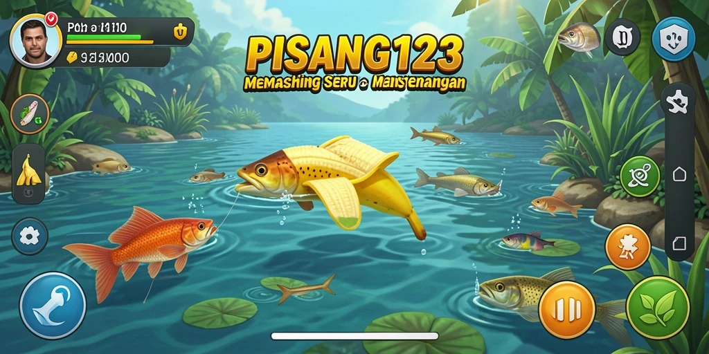 Tampilan gameplay PISANG123 dengan pemancing menangkap ikan.