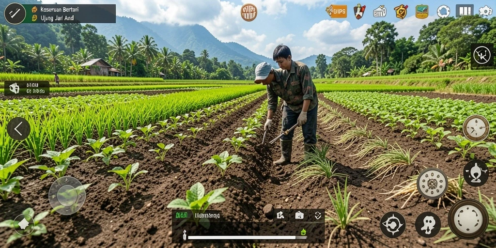 Tangkapan layar gameplay SVIP5 yang menampilkan suasana bertani yang hidup.
